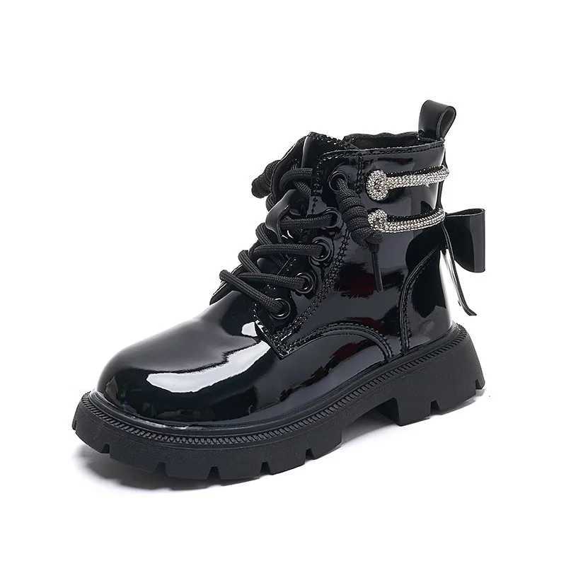 Four Seasons Childrens Girls Boots PU Leather Waterproof Plush Childrens Snow Boots Fashion Childrens Shoes Anti slip Shoes Rear Bow M241102