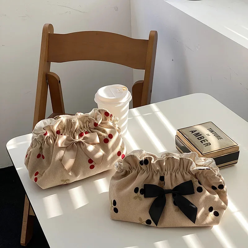 Soft Corduroy cherry cosmetic bag suitable for female organizers large capacity cosmetic lipstick bag female travel storage bag makeup Sac 241031