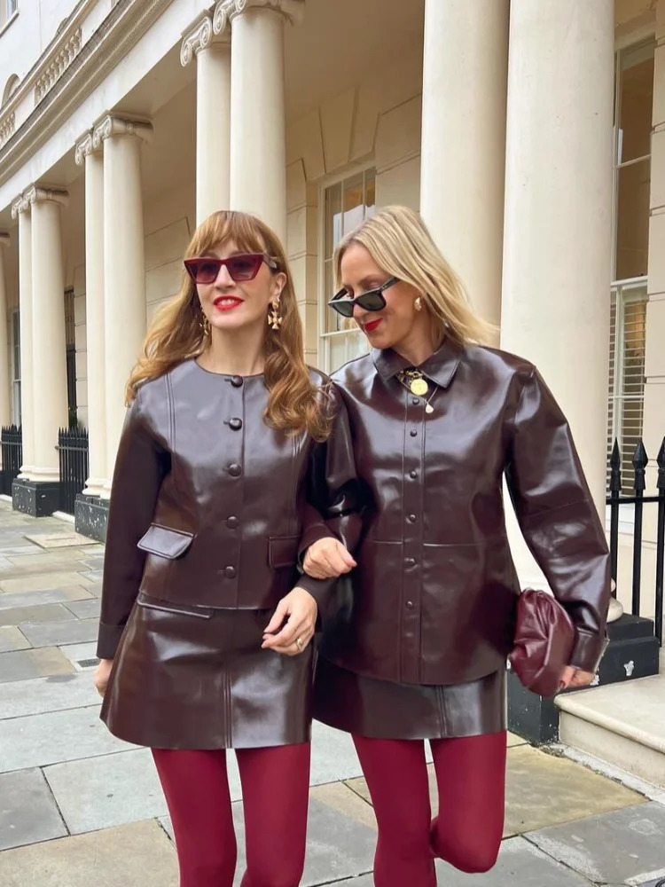 Vintage Wine Red Pu Womens Leather Jacket Fashion O-neck Single Button Long Sleeve Jacket Street Jacket 241031