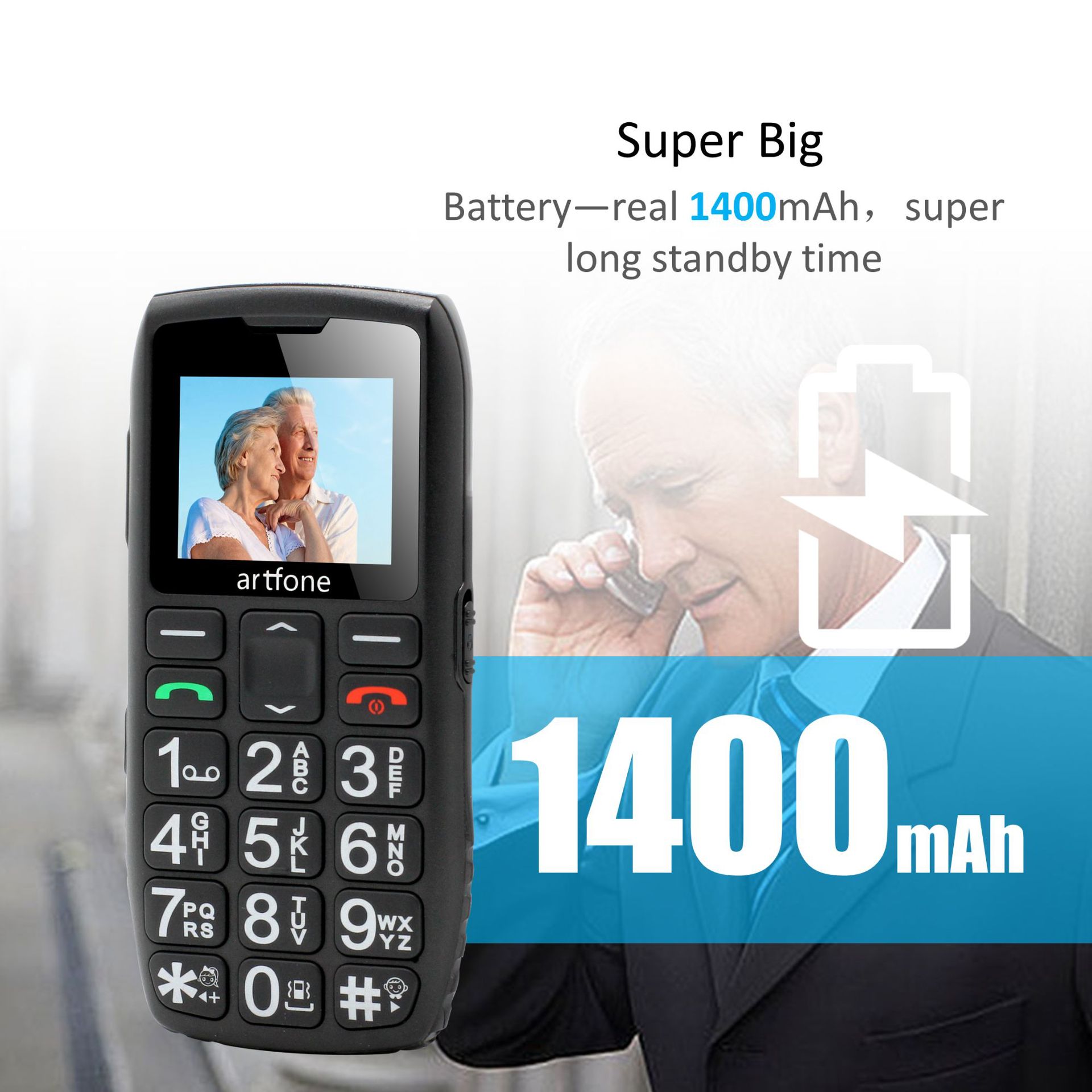 Artfone C1+ Bar Senior Mobile Phone With Free Charging Dock Big Rubber Keypad For Elderly Dual Sim One Key SOS FM 1400mAh Cell