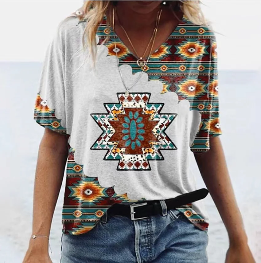 Street T-shirt 2025 new Women Ethnic Style Tee Summer Short Sleeve Haruku Print Shirt Clothing Casual Female Retro Oversized T-Shirts