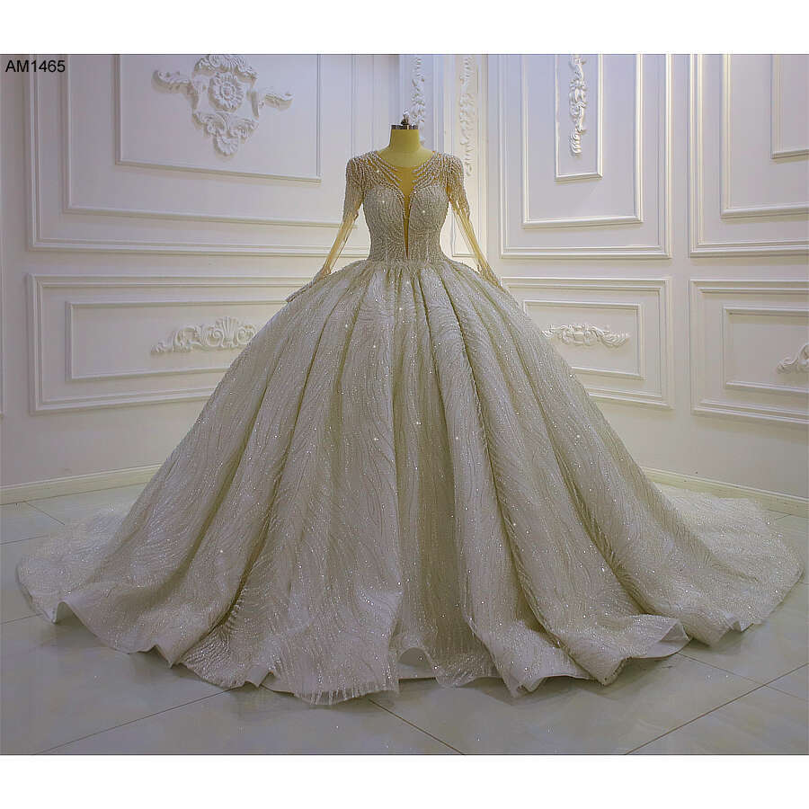 Deep V-neck Long Sleeve Sequin Lace Ball Gown Wedding Dress