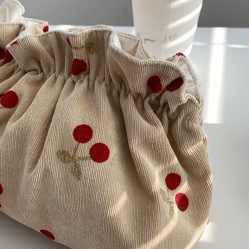 Soft Corduroy cherry cosmetic bag suitable for female organizers large capacity cosmetic lipstick bag female travel storage bag makeup Sac 241031