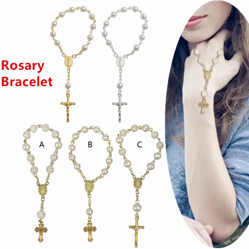 Catholic new for Cross Finger Chain Mini Rosary 2025 Finger Baptism Rosaries Faux Pearls Bracelet for Baptism Christening