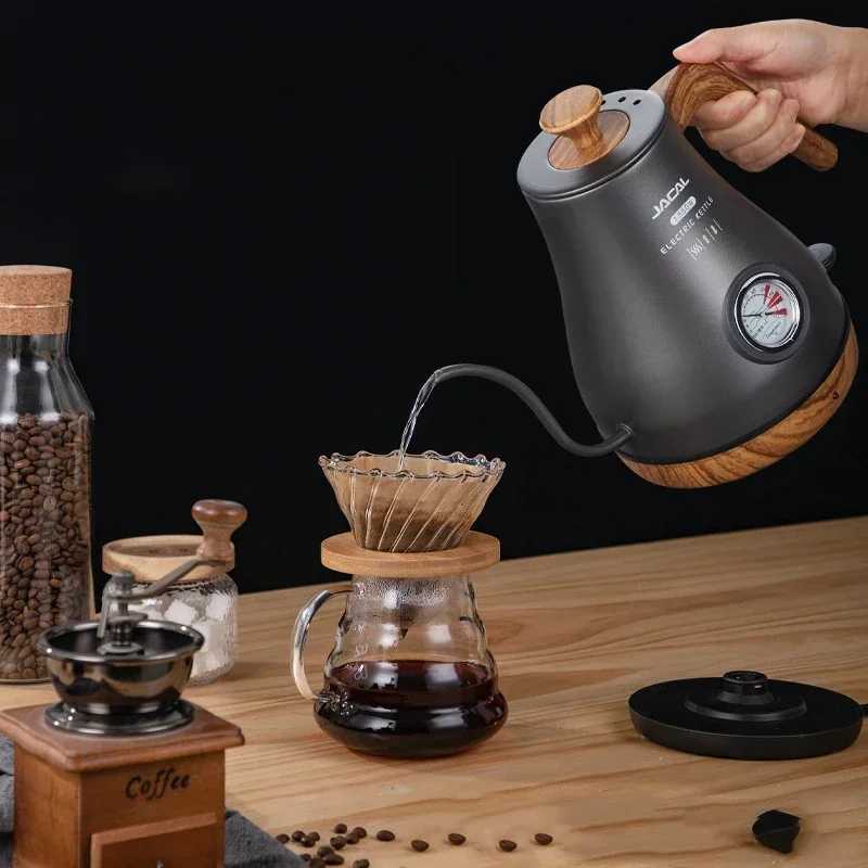 220V/110V 1L Electric Kettle 304 Stainless Steel Gooseneck Nozzle Coffee Pot Slim Teapot with Temperature Gauge Y241102