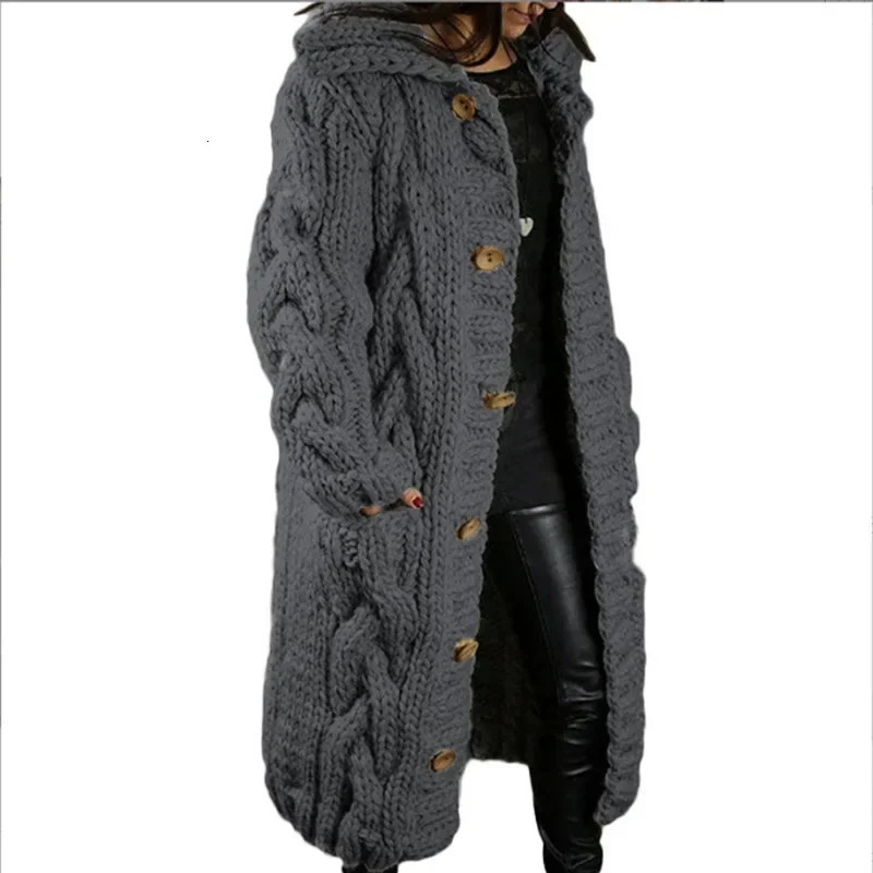 Autumn and winter solid color loose womens cardigan knitted sweater womens long sleeved hooded single chest sweater 241031