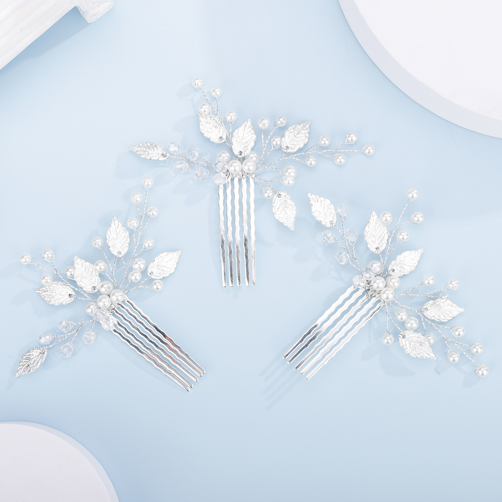3PCS Gold Hair Comb for Wedding Pearl Crystal Leaf Bridal Head Piece Handmade Vintage Hair Accessories Jewelry Chic Party Tiaras