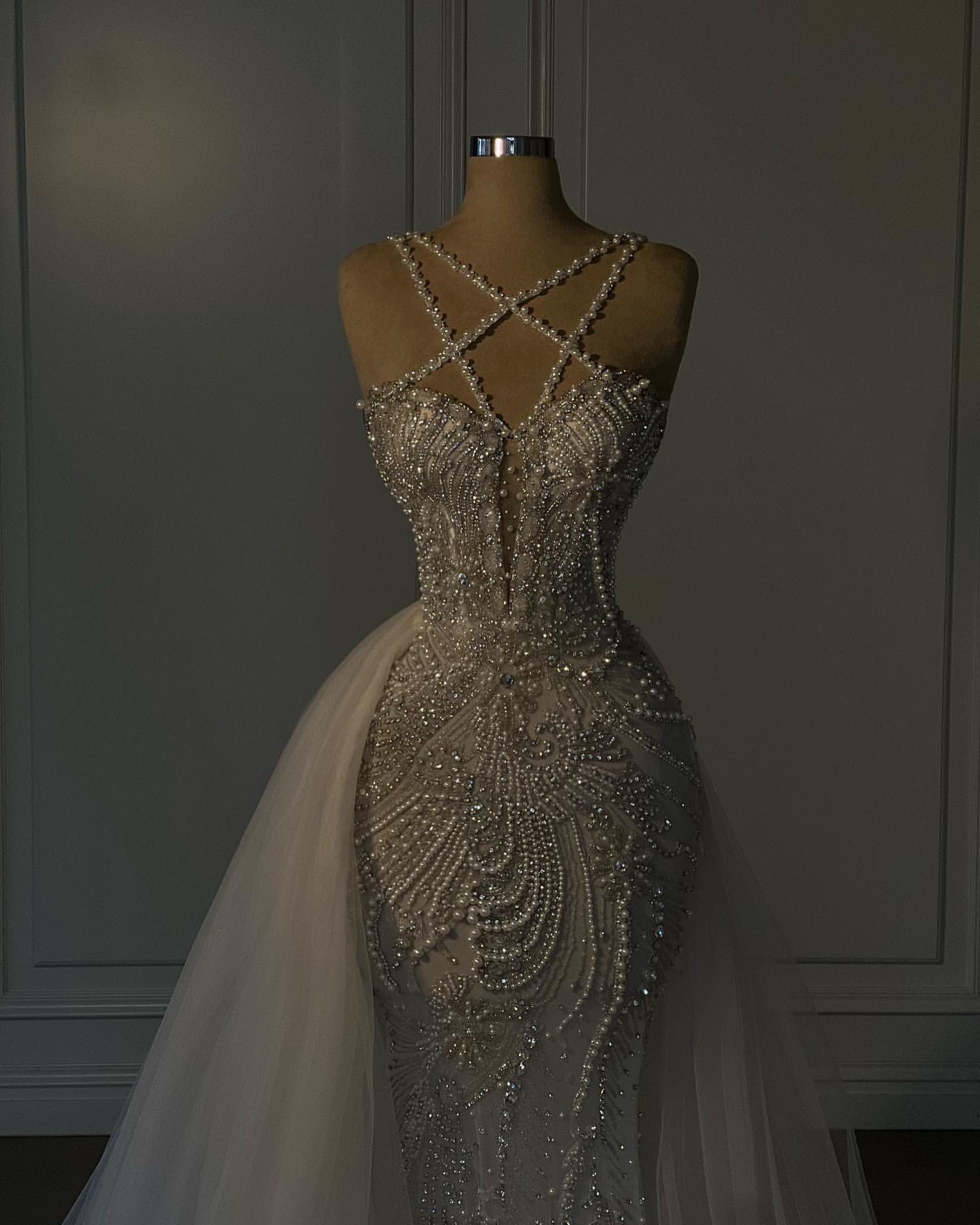 Gorgeous Chart Mermaid Wedding Dress overskirts cross straps pearls beading wedding dresses Bridal Gowns sweep train Dubai robe de mariage