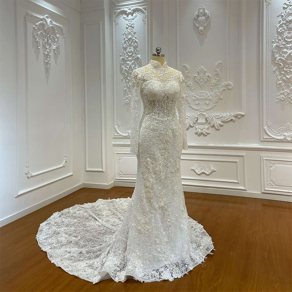 Customized High Neck Long Sleeve Soft Lace Mermaid Wedding Dress