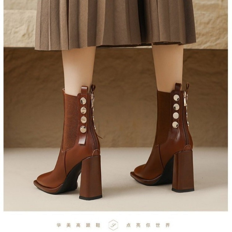 Women's Shoes 2024 New Fashion Square High Heels Black Brown Retro Dress Party Female Lady Autumn Winter Ankle Boots 39