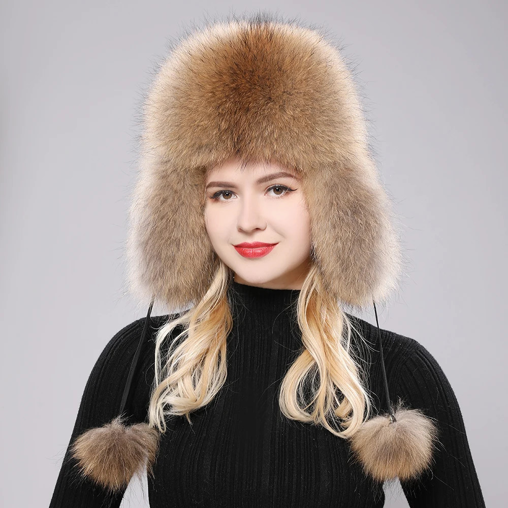 100% real fox fur hat for women Russian Usanka pilot hunter snow skiing hat earmuffs winter raccoon fur bomber hat 241031