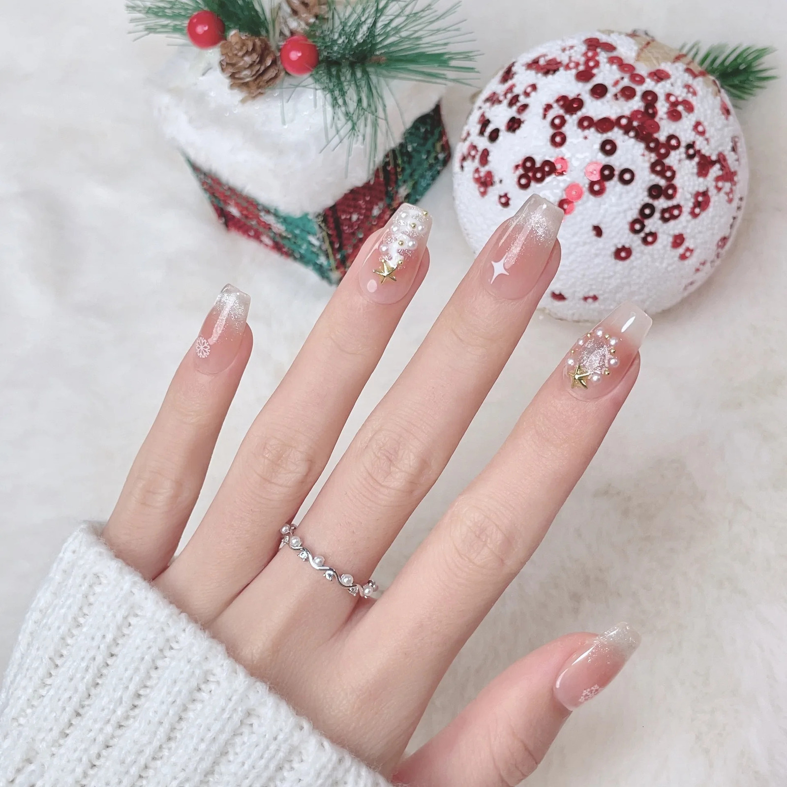 10 Cropped Trapezoidal French Pearl Cat Eye Snowflake Star Christmas Tree Removable Fake Nail Patch 241031
