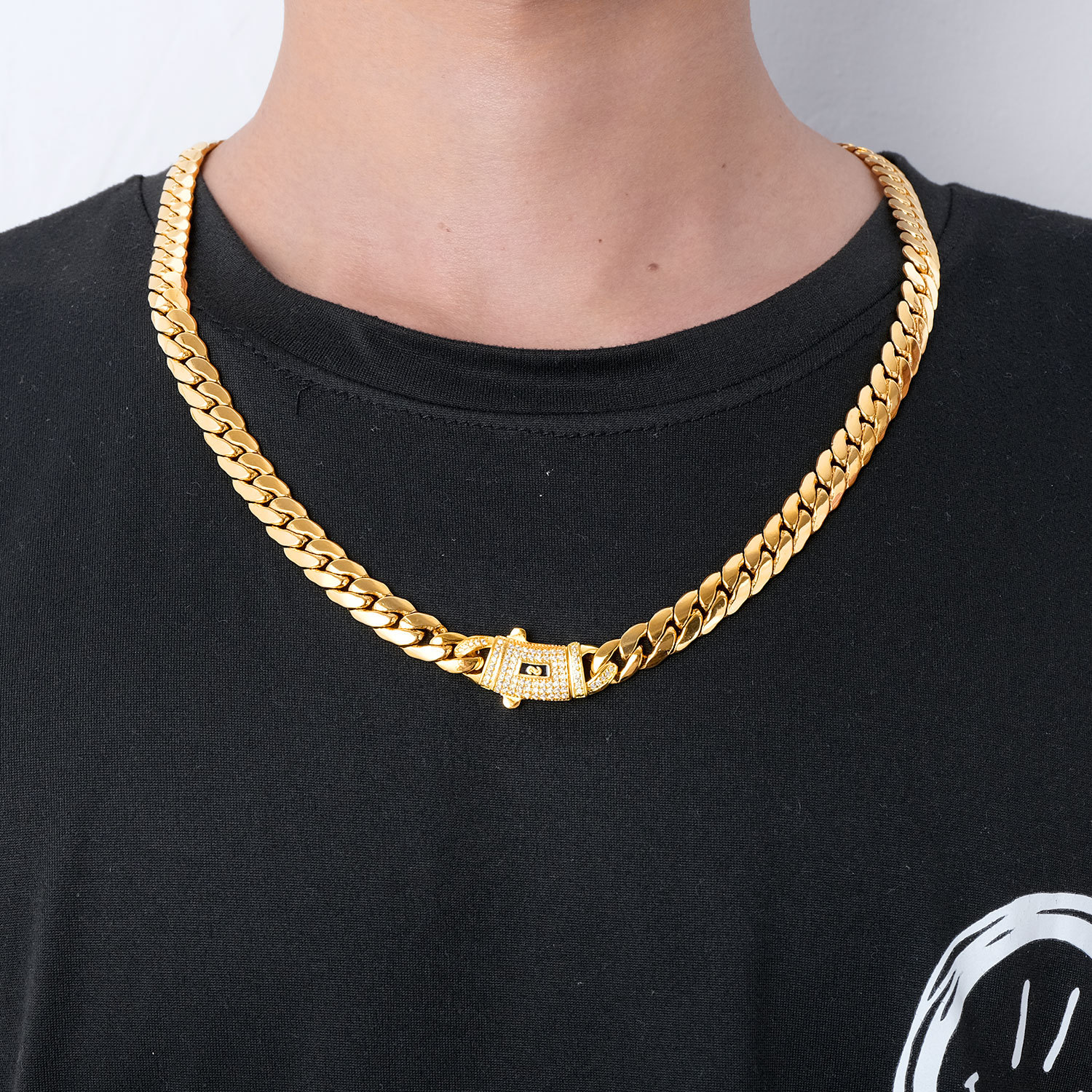 Solid Stainless Steel Miami Cuban Chain Necklace Bracelet Curve Clasp Jewelry