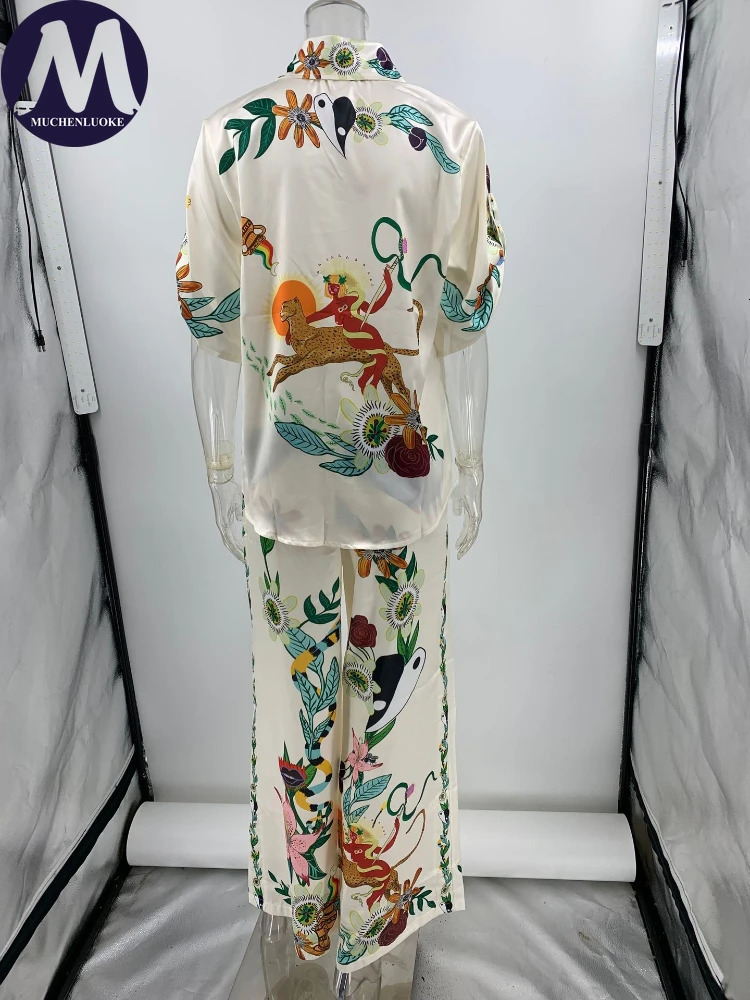 2 Piece Sets Women Outfit Summer Bohemian Style Printing Half Sleeve Shirt Suits Fashionable Casual Loose Wide Leg Pant Set 240328