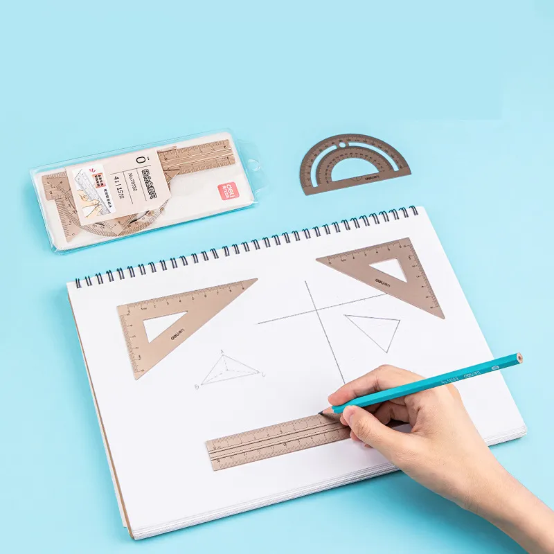 Deli for School Kids 2025 Angle Straight Ruler Metal new Ruler Multifunctional Drawing Triangle Ruler 4pcs/set Office Supplies Accessorie