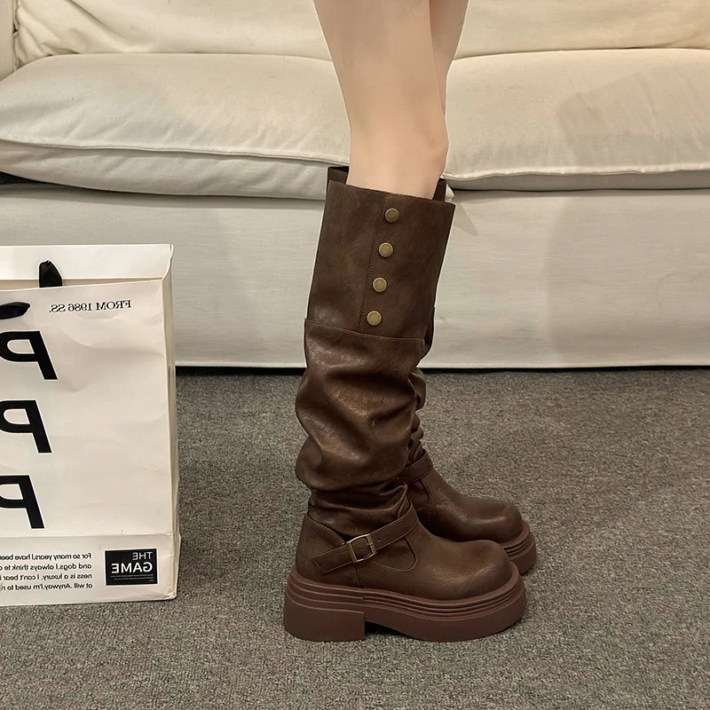 Autumn Winter Platform Women Knee High Boots Fashion Slip On Shoes Punk Style Plaform Heels Long Booties