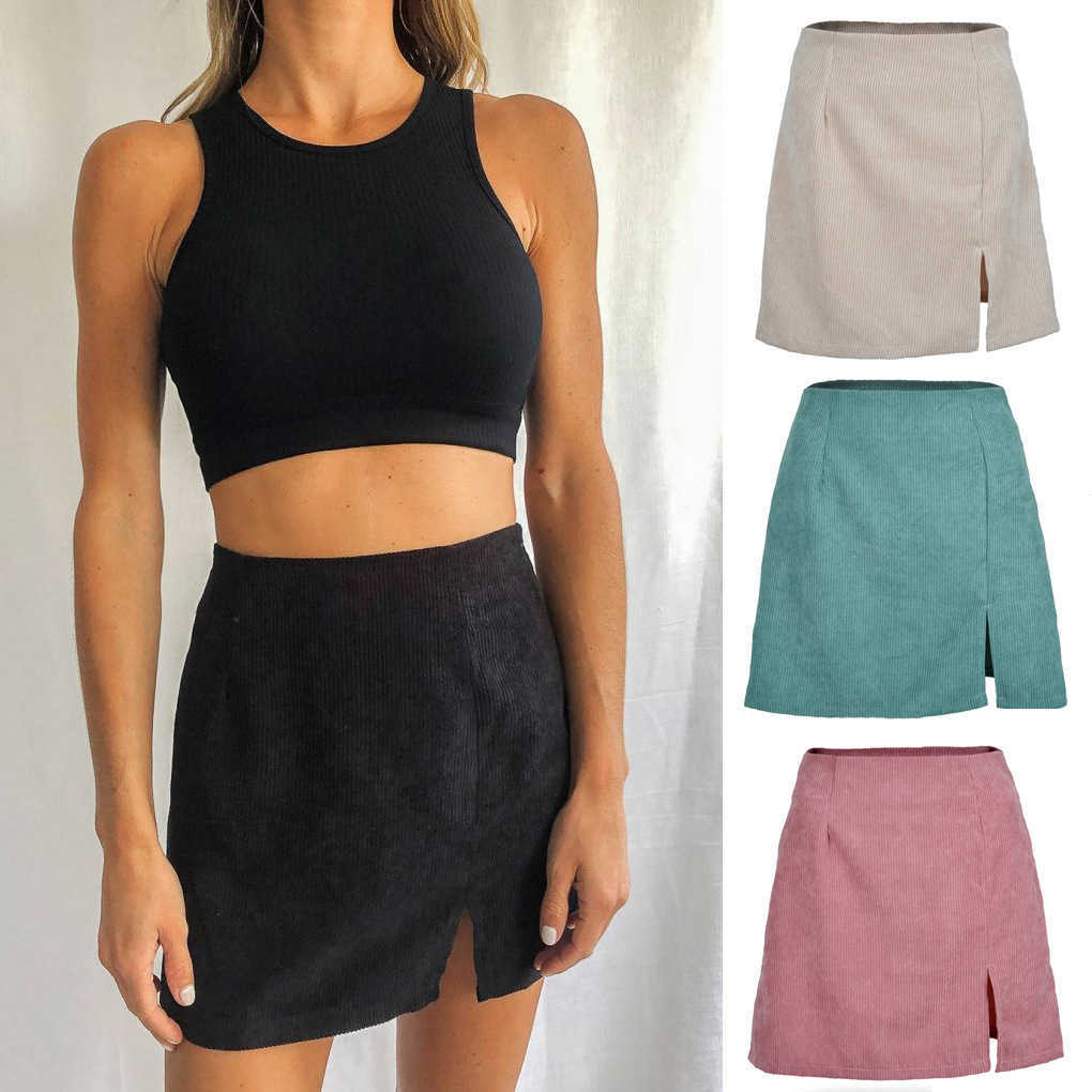 Vintage Women Career Skirt High Waisted Corduroy Midi Skirt Solid Color Split A-line Short Skirt Length Adult Skirts For Autumn And Winter WoMens Clot