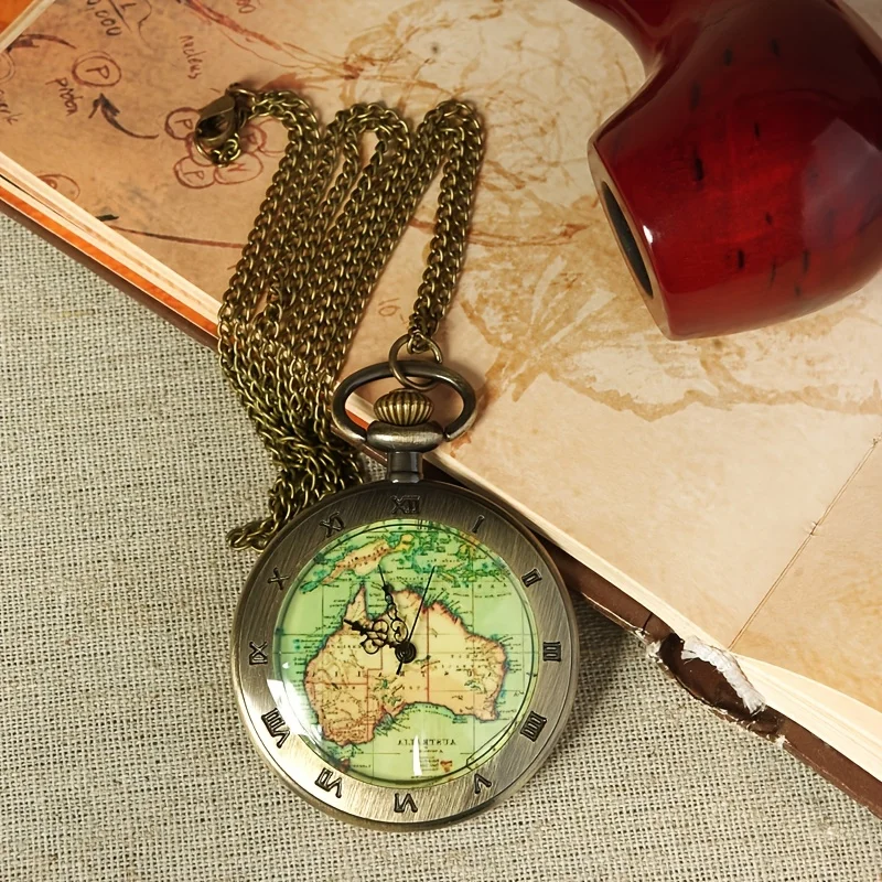 Classic Retro Bronze World new Map Quartz 2025 Pocket Watch with Necklace Chain Exquisite Pendant Gift Men's Clock Gift