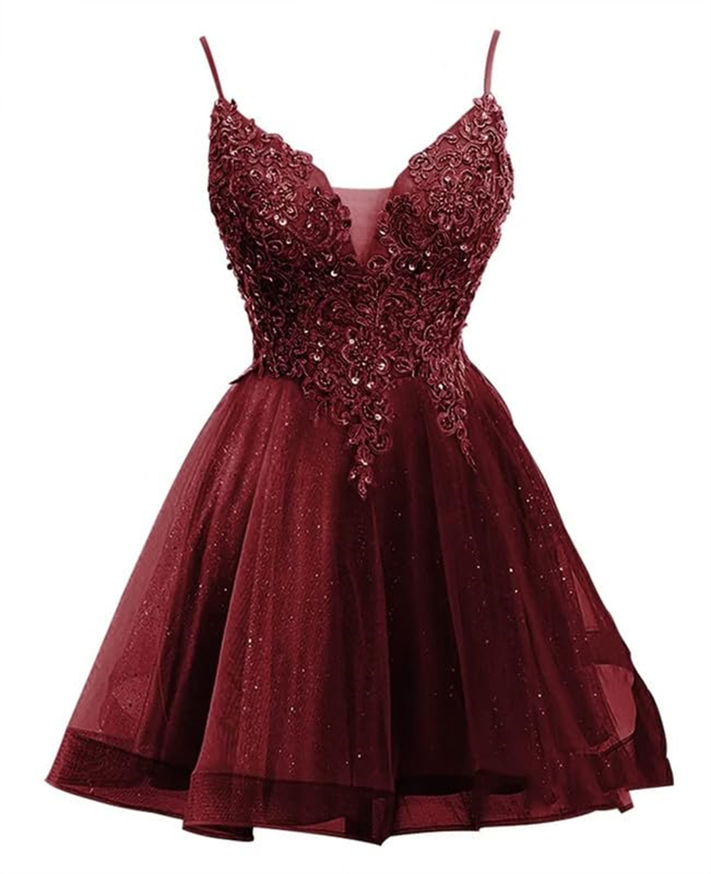 Short Homecoming Dresses Deep V-Neck Appliques Sequins Beading Tulle Lace-up Ball Gown Cocktail Formal Occasion Cocktail Prom Party Graudation Gowns H