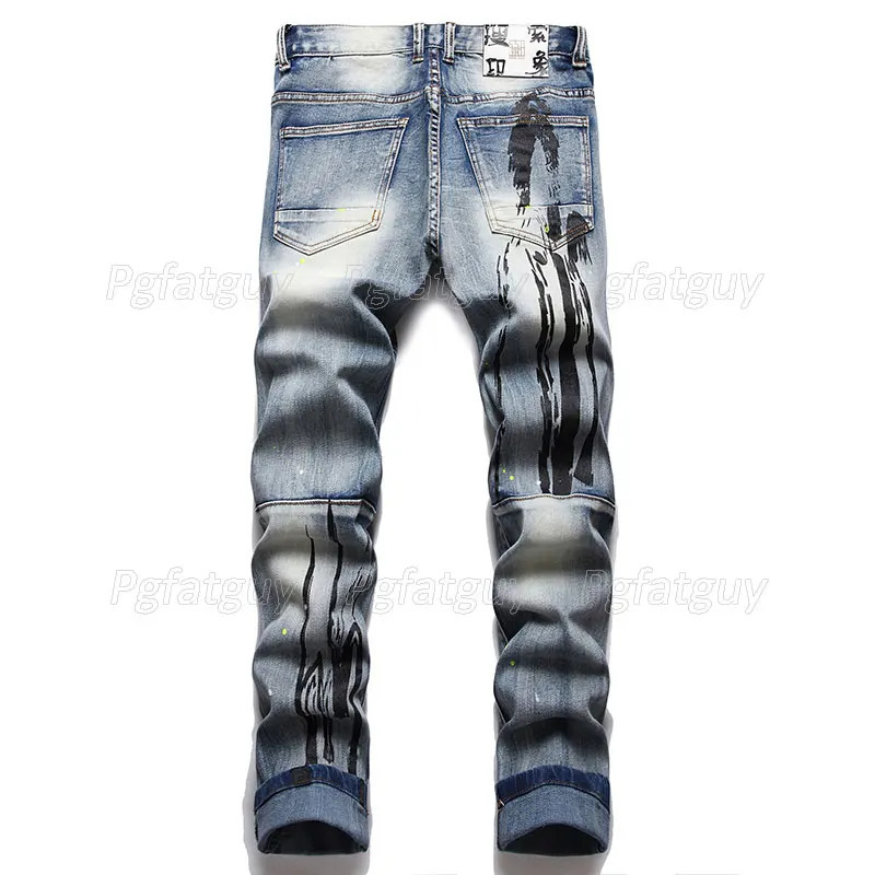 Mens embroidered badge denim jacket ripped jeans 2-piece set long sleeved jacket and stretch pants streetwear vintage blue hole 241030