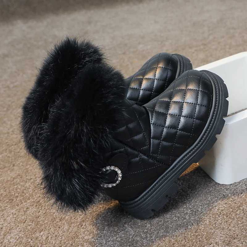 Girls leather shoes warm plush solid color childrens short boots Rhine stone anti slip childrens fashion boots fully matched anti slip M241102