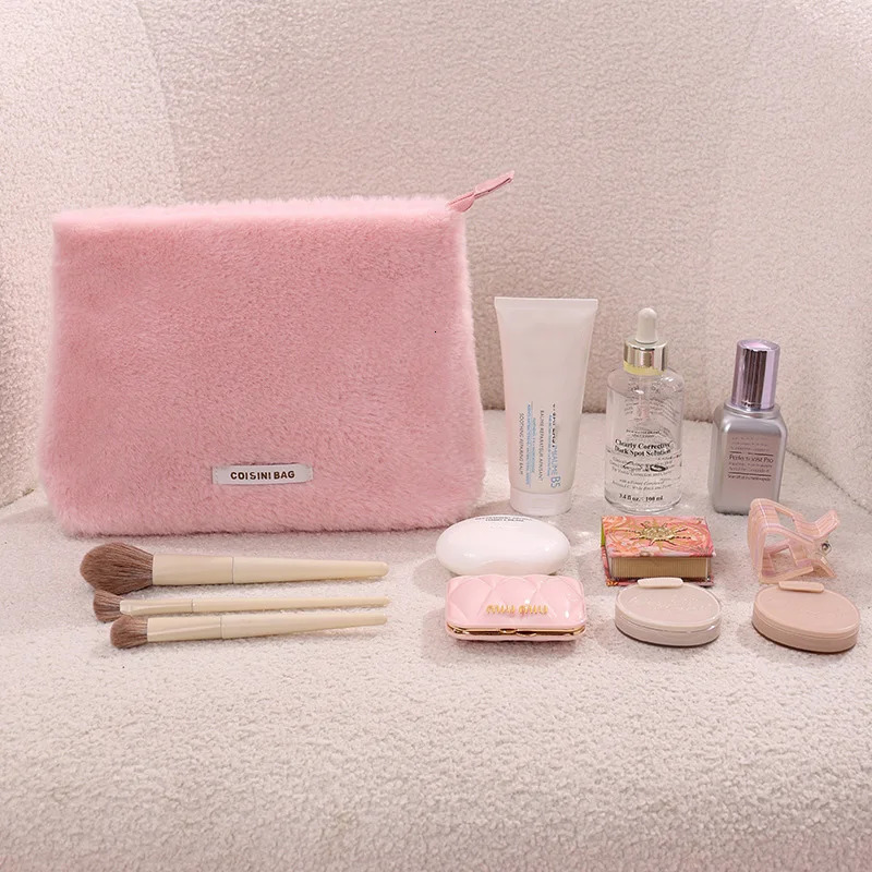 Ctue Plush Makeup Bag Womens Suqare Makeup Bag Wallet Storage Organizer Bag Portable Womens Zipper Makeup Bag Handbag 241031