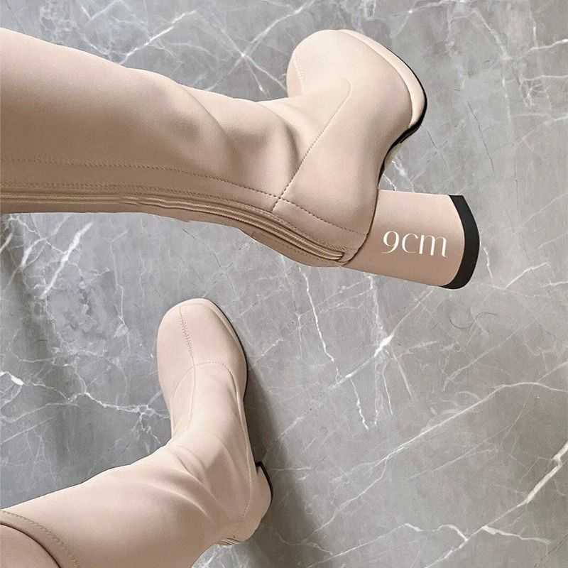 CMM Look Slimmer! Short Long Tube Boots Womens High Heels Spring and Autumn Collection Milk Tea Color Thick Heel Height Increasing Square Toe Boots