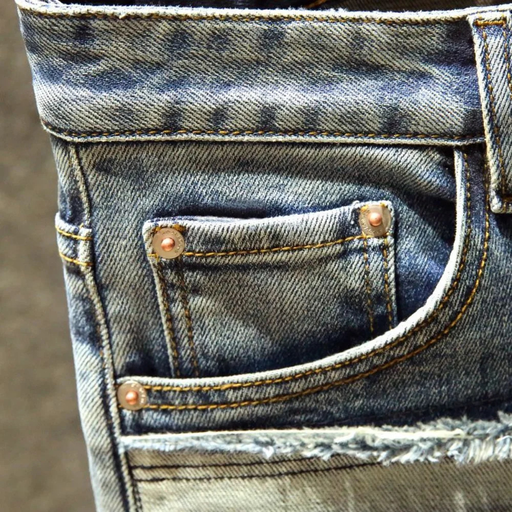 men denim jeans straight worn hole jeans Europe and America classic old pants pantalones hombre y2k streetwear cargo pants 240319
