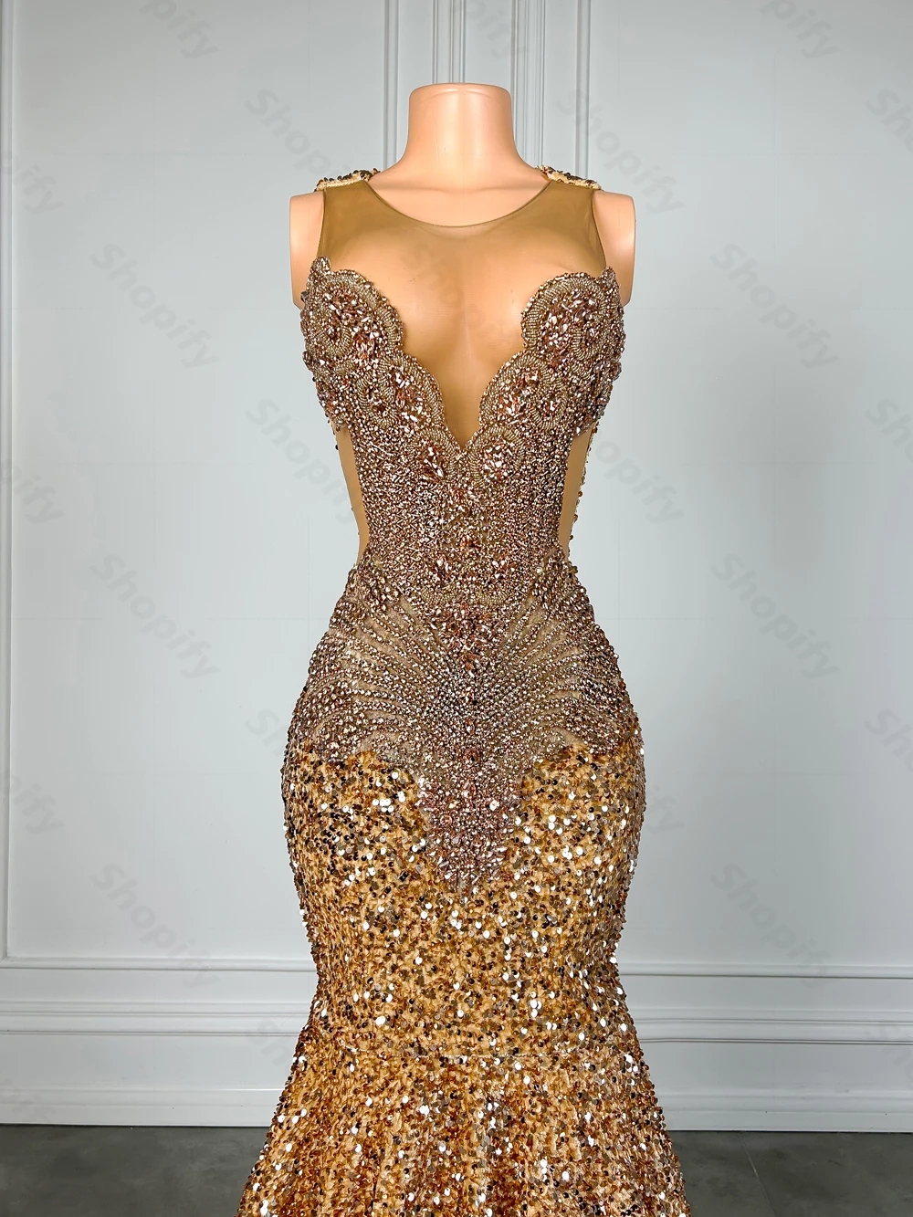 2024 Sparkly Brown Dia Long Prom Dress for Black Girl Beads Rhie Gold Sequin Mermaid Women Evening Birthday Party Gowns Robe De Soiree