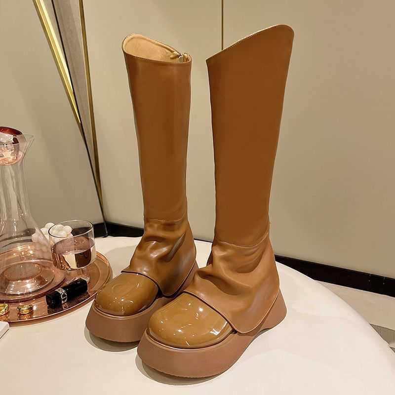 CMM Autumn Small Coarse Legged Long Boots Thick Soled Medium Sleeve Knight Boots Womens Tall Slim Long Boots Smoke Tube Chelsea Boots