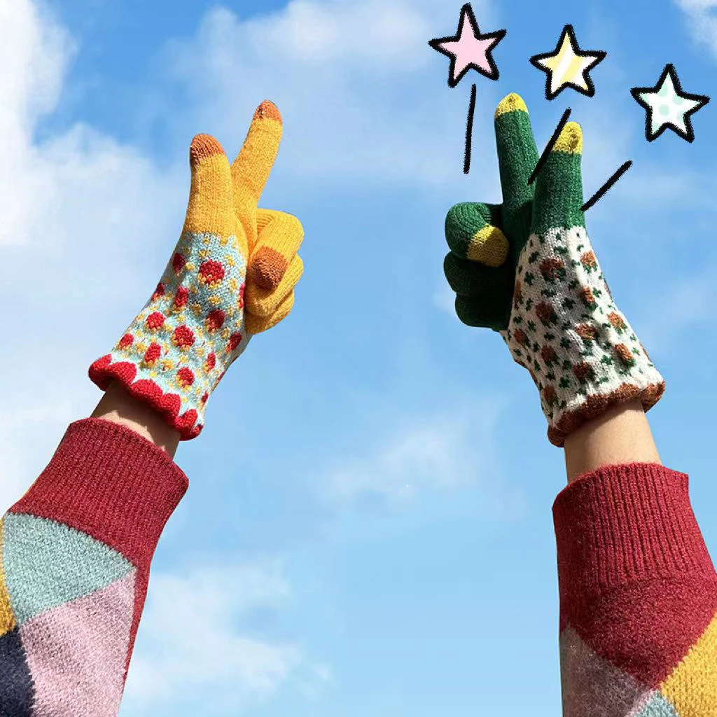 Winter Thicken Warm Gloves For new Women Students Cute Suower Knitted Touch 2025 Screen Gloves Girls Outdoor Riding Skiing Gloves New