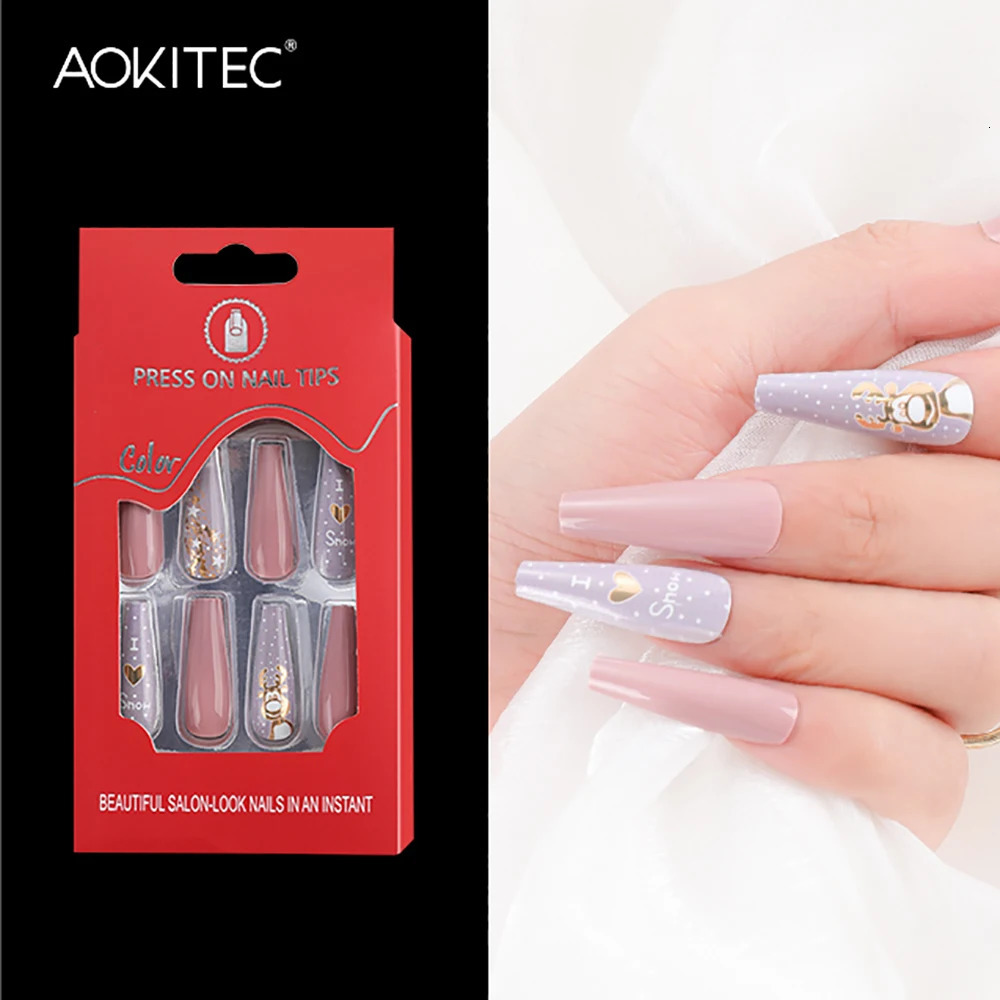 Aokitec Press on False Nails Christmas Wearable Long Fake Christmas Halloween Removable Full Set DIY Fax OnglesTips 241031