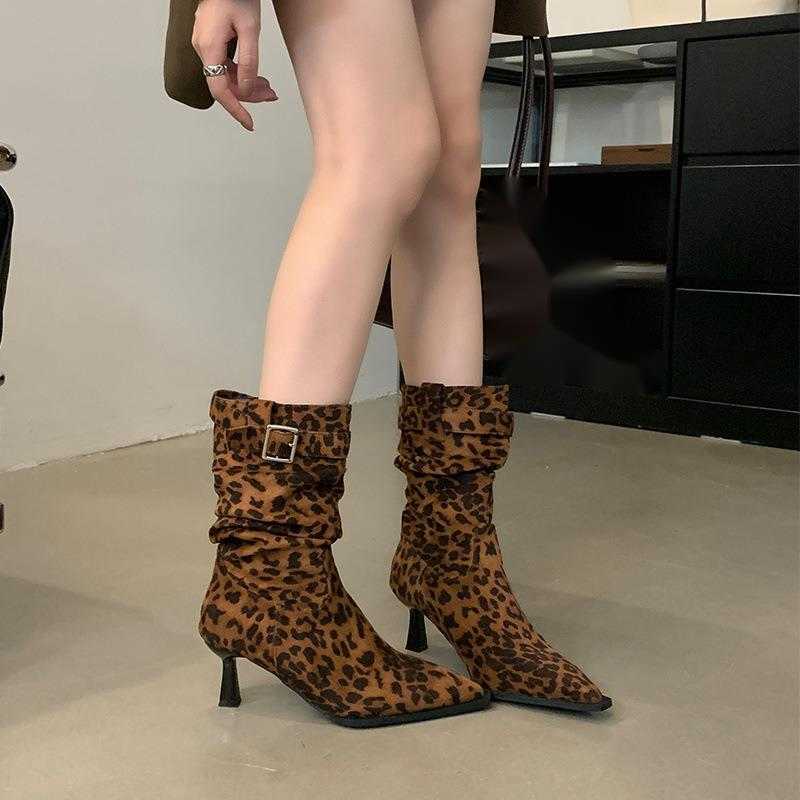 CMM Suede Pointed Pleated Stacking Boots for Women Autumn and Winter New High Heels Short Boots Thin Heels Western Cowboy Boots