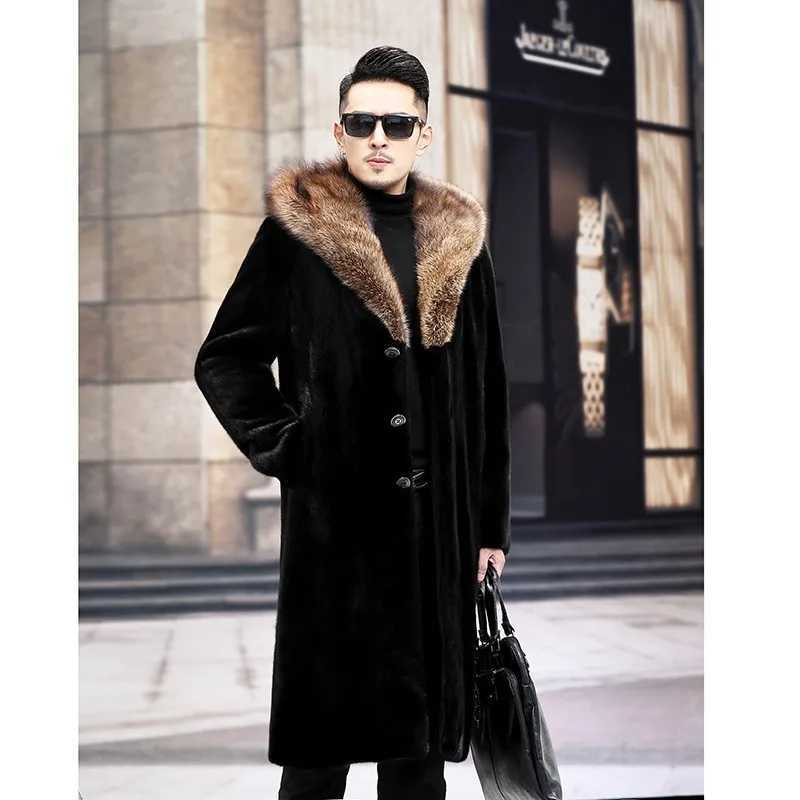 Mens long fur coat Winter warm mink coat fox fur collar hooded jacketXJ241102