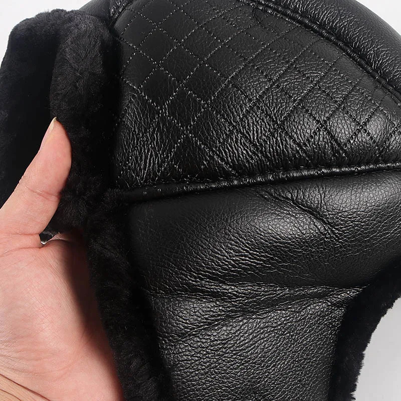 Mens Winter Hat with Earrings Ushanka Warm Russian Fur Bomber Hat Plain Leather Winter Pilot Hat Mens Black 241031