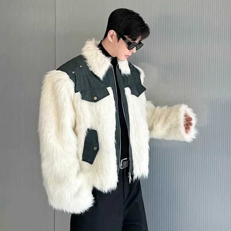 IEFB Niche Design Mens Faux Fur Coats Turn-down Collar Denim Patchwork Fake Mink Hair Loose Male Jackets Autumn Winter 9C8187XJ241102