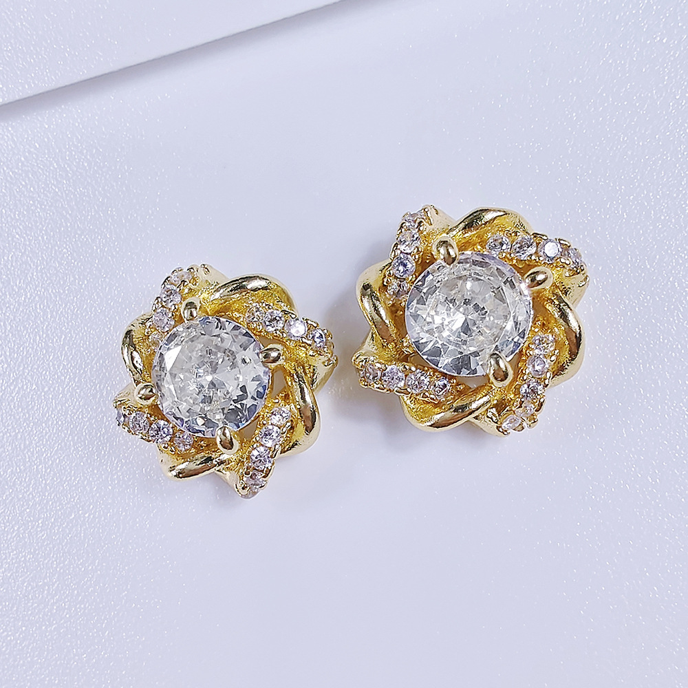 Vintage Crystal Flower 925 Sterling Silver Stud Women 18K Gold Diamond Stud Earrings Hollow Design Wedding Earrings Luxury Jewelry Exquisite Gift