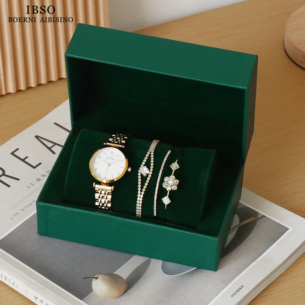 IBSO 2023 2025 New Women Green Watch Set Japanese Quartz Movement Luminous Hands Ladies Watch Sets Waterproof new Jewelry Hot Set