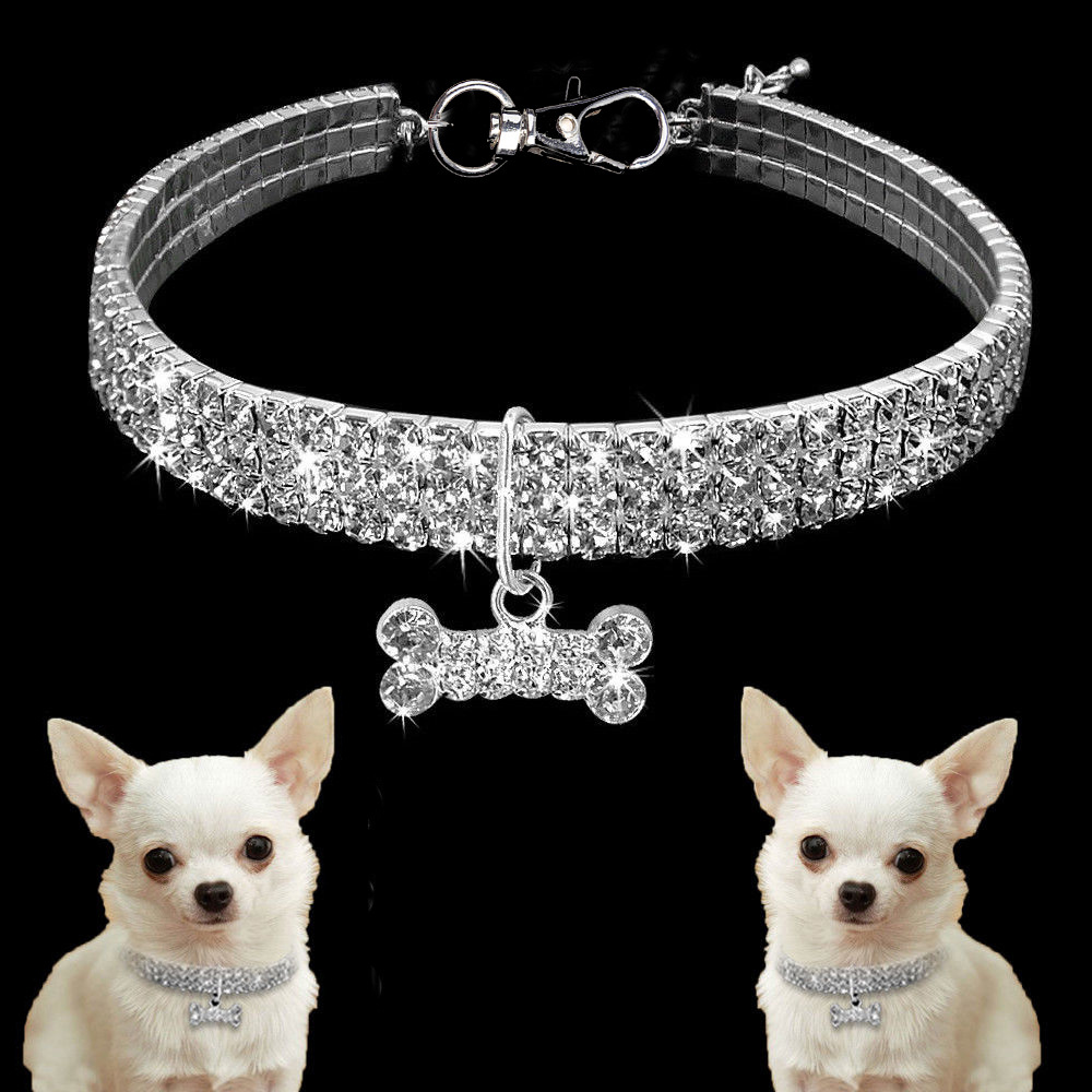 Pet Collar with Diamonds, Adjustable Crystal Diamond Elastic Bone Pendant Wedding Cat and Dog Small Medium Pet Necklace Jewelry