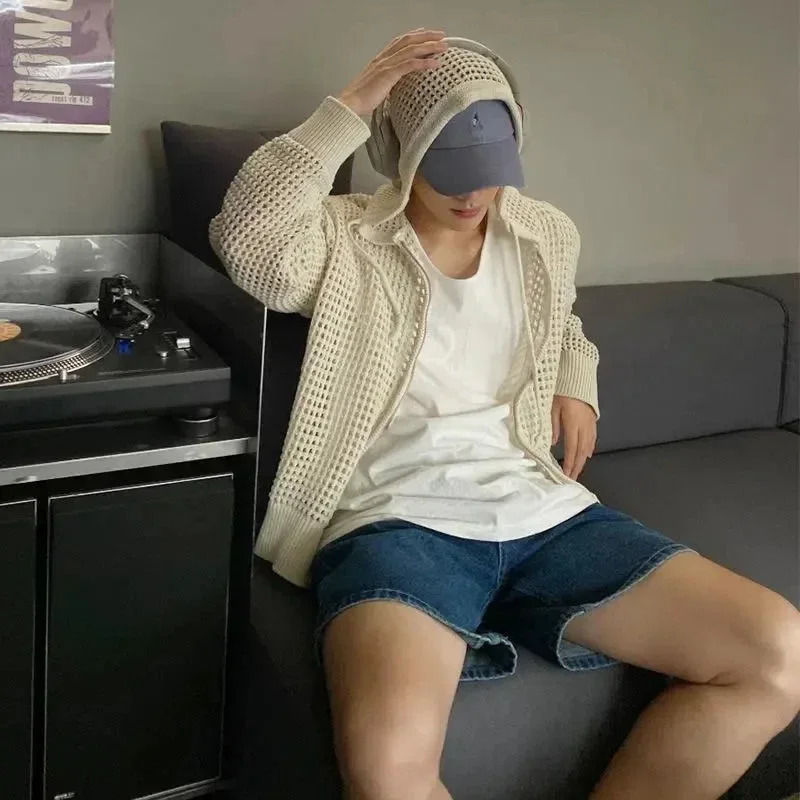 Hollow Out Hooded Cardigan for Men SpringSummer Korean Loose Mesh Trend Lazy Coat Casual Zipper Knitted Jacket High Streetwear 241024
