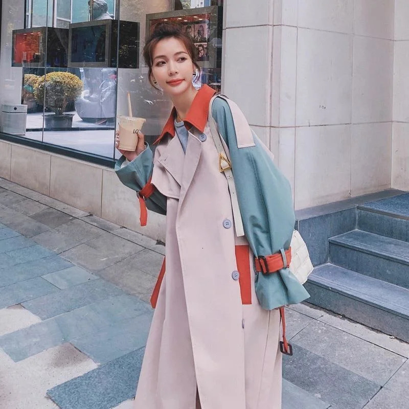 Contrast Stitching Windproof Womens Medium to Long Spring and Autumn Clothing Korean Edition Loose Belt Trench Coat 241031