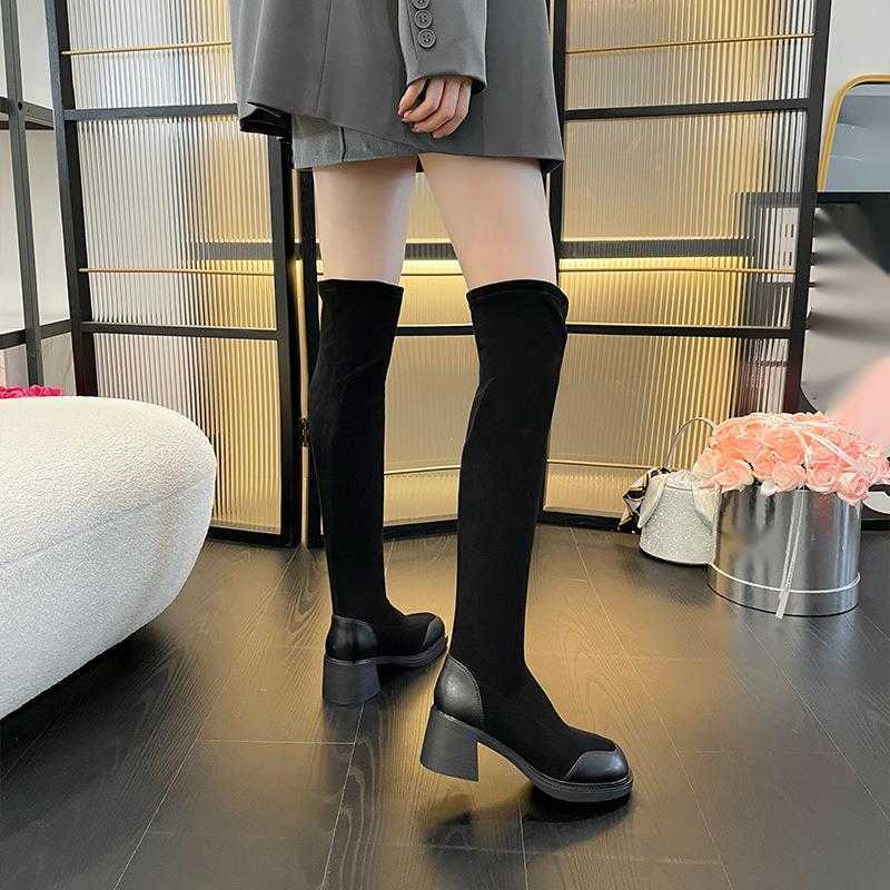 CMM Autumn and Winter Knee High Elastic Boots Womens Korean Version Non Drop Long Tube Boots Suede Slim Fit Leather Slim Boots