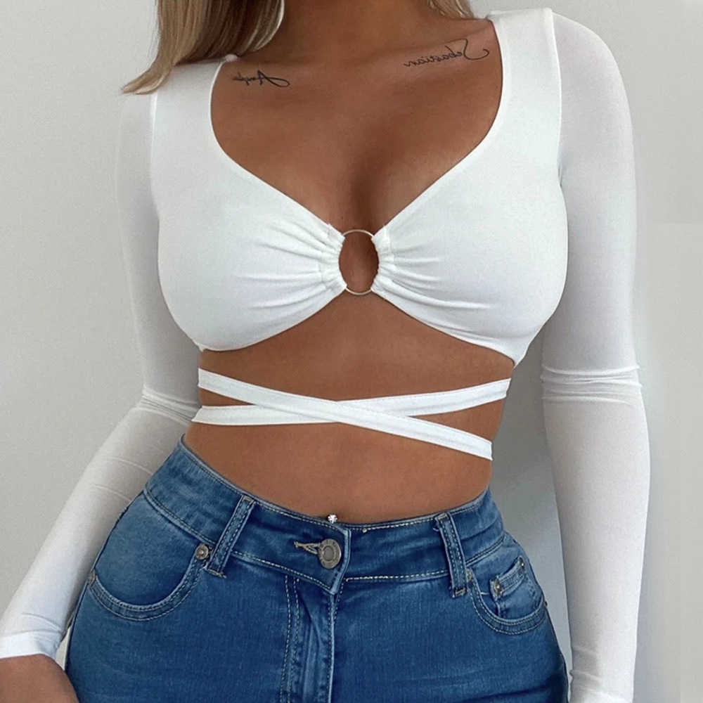 Womens Tshirt Summer Sexy Navel Revealing Womens Knits Slim Fit Solid Color Versatile Bandage Hollowed Out V-neck Long Sleeve T-shirt WoMens 241024