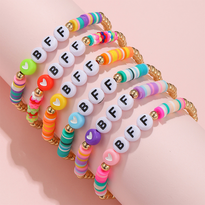 6Pcs/set Handmade BFF Letter Heart Beads Stretch Bracelet for Girls Kids Friendship Party Birthday Jewelry Gift