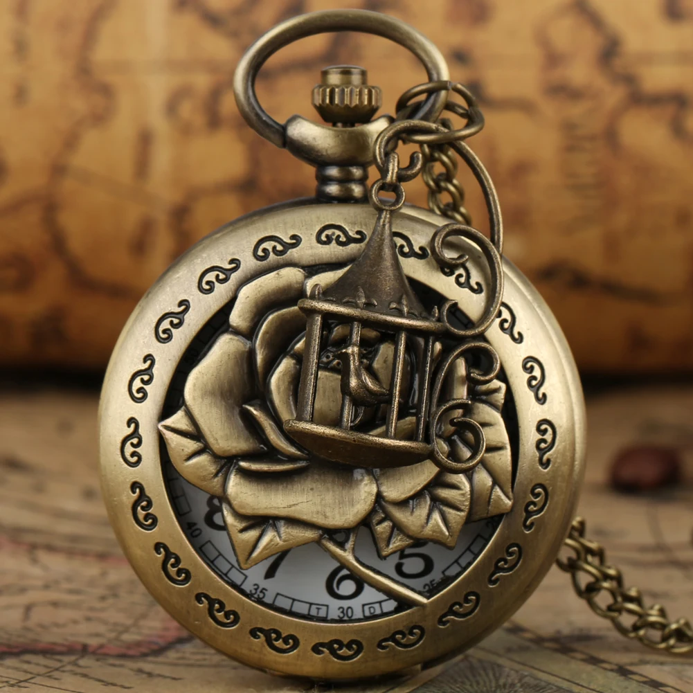 Elegant Vintage Rose Flower Birds Quartz Necklace new 2025 Pocket Watch Men Women with Unique Pendant Accessory Retro Stylish Clock Gift