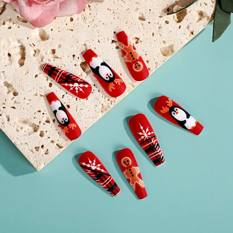 3D fake nails for Christmas parties long French Coffin tips snowflakes Christmas trees fake oranges press machine acrylic fake nail set 241031