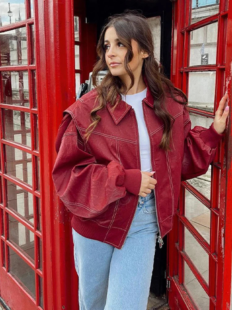 Fashion collar long sleeved bomber jacket for women retro red zipper leather jacket autumn and winter womens street casual jacket 241031