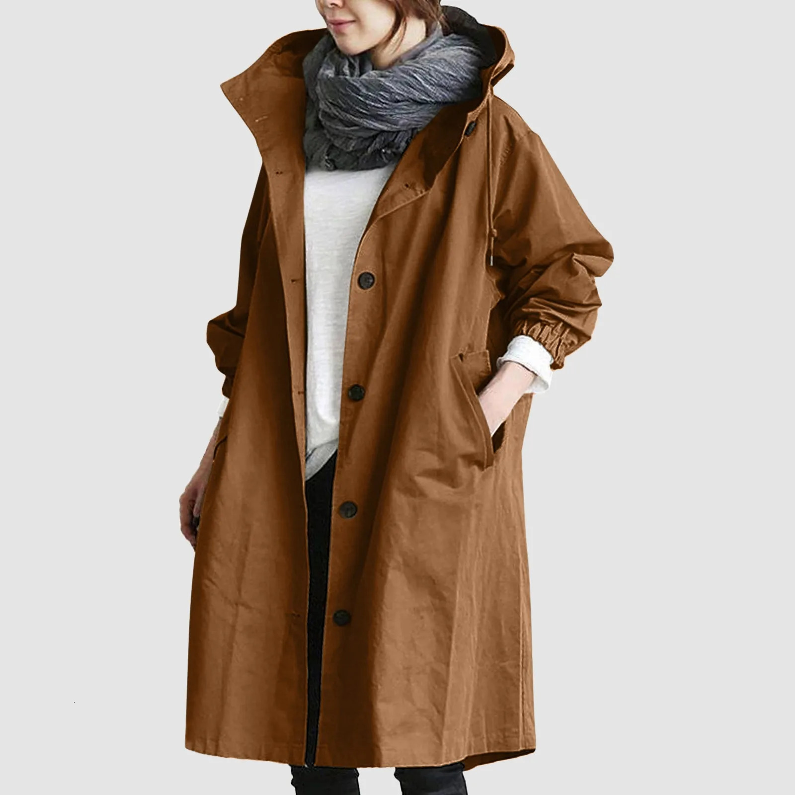 Fashionable womens long trench coat womens solid color elegant windproof coat loose and comfortable hooded warm womens raincoat 241031