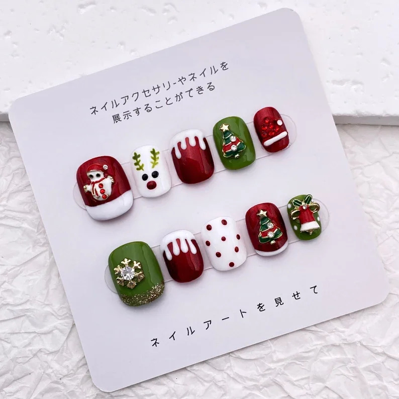 Cute Snowman Reindeer Christmas Pressing Nail/Classic Burgundy Deep Green Nail/Acrylic Fake Nail Set Art n/ Year Gift 241031