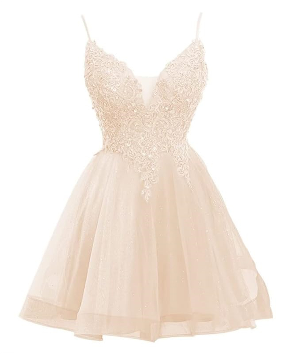 Short Homecoming Dresses Deep V-Neck Appliques Sequins Beading Tulle Lace-up Ball Gown Cocktail Formal Occasion Cocktail Prom Party Graudation Gowns H